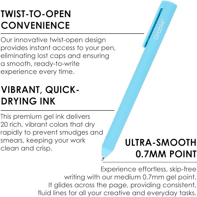 Grabie Retractable Colorful Gel Pens, Perfect for Vibrant Colored Writing and Sketching, Quick Dry Colored Gel Pens, 0.7 mm, Smooth Writing for Journaling and Note Taking, Pack of 20