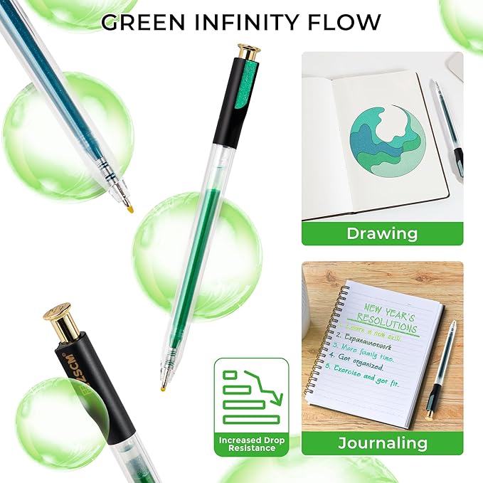 Retractable Glitter Gel Pens, 12 Colors Large Capacity Green Glitter Metallic Gel Ink Pen, 1 mm Fine Point Smooth Writing Color Pens for Adult Coloring Book Note Taking Aesthetic Art Supplies