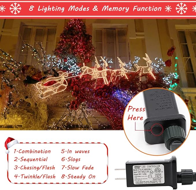 Multicolor Outdoor Christmas Lights - 105FT 300 LED, Indoor, Waterproof, Xmas Tree Decorations, Garden Party