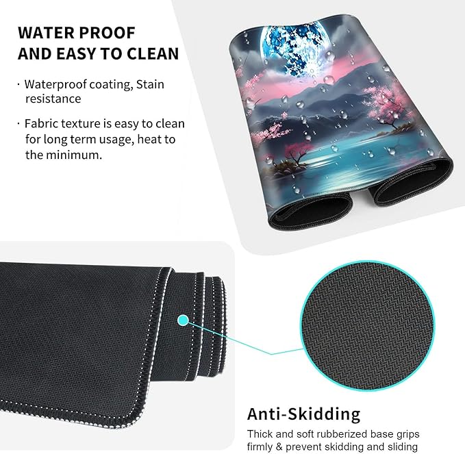 Large Gaming Mouse Pad+Memory Foam Ergonomic Keyboard Wrist Rest Support+Wrist Rest+Coaster, Extended Desk Pad Set, Stitched Edge Non Slip Desk Mat 4PC for Office & Home, Moon Cherry Blossom