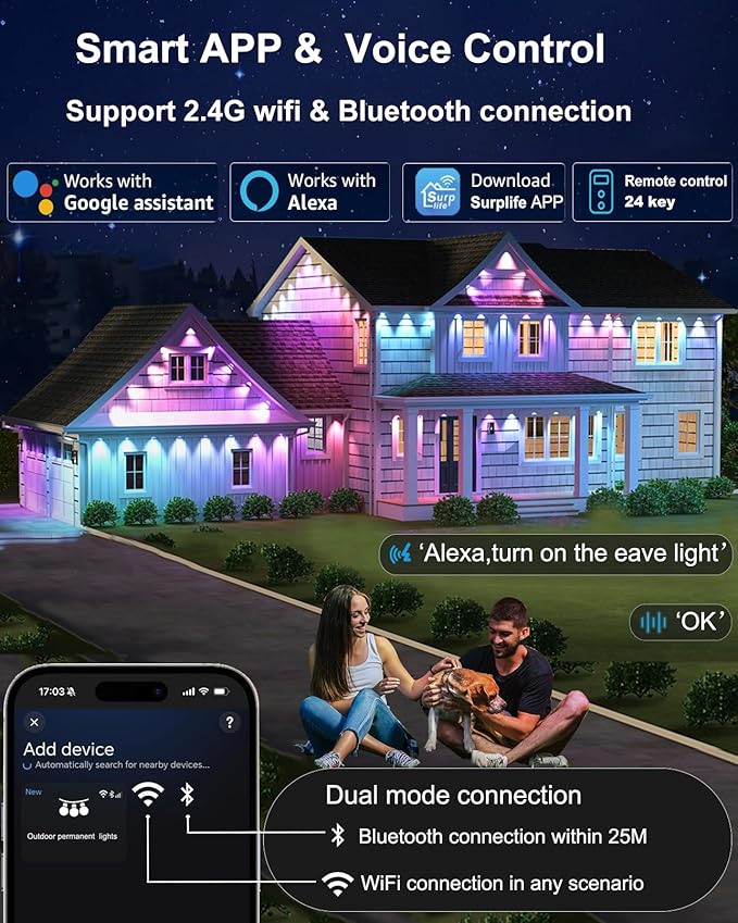 Permanent Outdoor Lights Pro, 50FT with 30 RGBCW IC LED String Lights Outdoor, IP68 Waterproof Smart Christmas Lights for House, Eaves, Daily, Party Decor, APP Alexa Google Control
