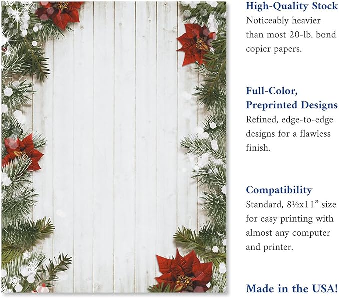 Poinsettia Pine Christmas Stationery - Holiday Letters, Computer Printer Paper, 25 Sheets, 8½ x 11 Inch, by Current