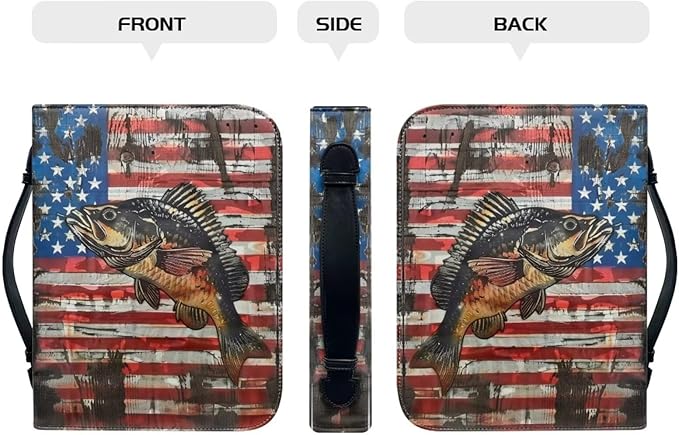 Lotusorchid Bass Fish Print Bible Cover Case, Zippered Bible Carrying Case for Women Girls, American Flag Bible Tote Bag Sturdy Bible Book Cover for Bible Study, Christian Bible Accessories, 2XL