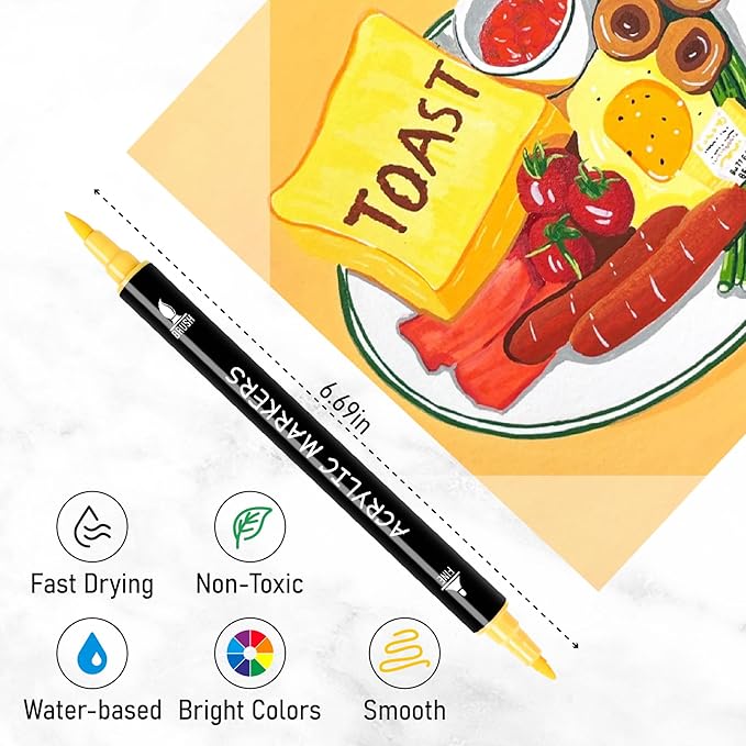 60 Colors Acrylic Paint Markers, Dual Tip with Fine Tip and Brush Tip Pens for Stone, Wood, Calligraphy, Canvas, Ceramic, Metal, Glass, Rock Painting, DIY Crafts Art Supplies Kit