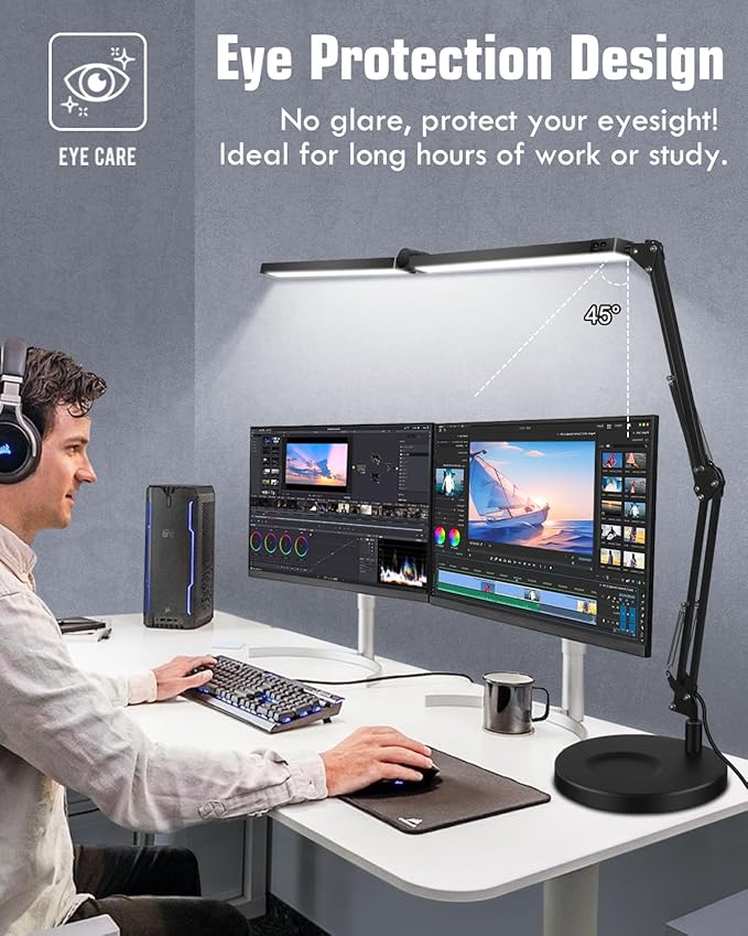 Toolour LED Desk Lamps for Home Office 2 in 1 Double Head Desk Lamp with Clamp Base,Remote Control,Dimmable Architect Clip on Desktop Computer Light Bar with Memory for Workbench Darkroom