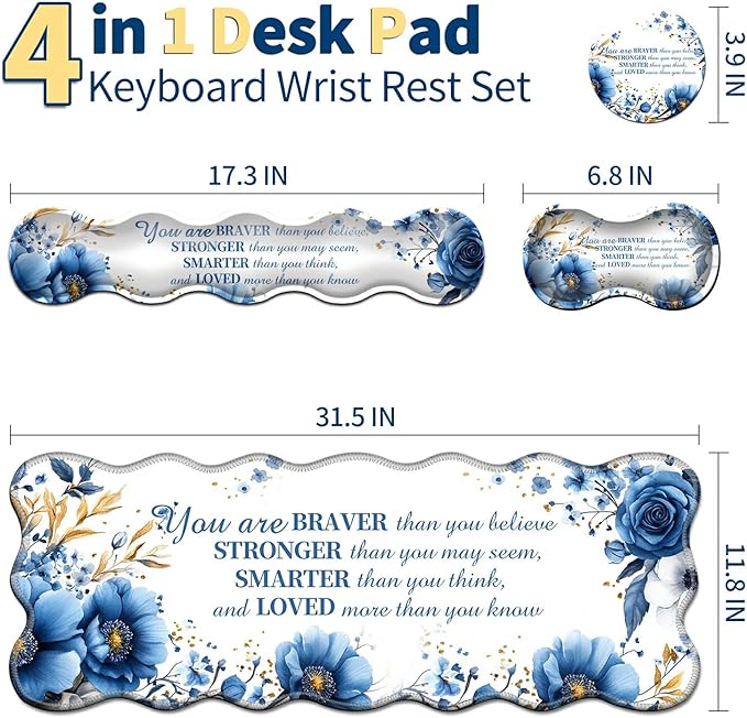 4-Piece XXL Gaming Mouse Pad Set (31.5"x11.8") with Keyboard Wrist Rest,Mouse Wrist Support & Coaster,Ergonomic Non-Slip Desk Mat for Office & Home,Bule Flower Quotes