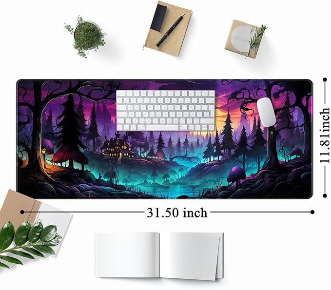 Mystic Forest Desk Mat Purple Cute Large Mouse Pad Extended Gaming Mousepad XL Big Aesthetic Desk Pad Cool Anime Keyboard Mat Laptop Desktop Mouse Mat 31.5''X11.8''