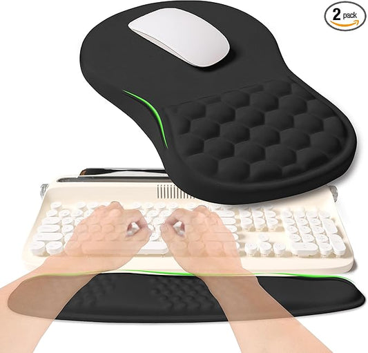 2-in-1 Ergonomic Set, Wave Rise Keyboard Wrist Rest and Massage Bulge Slope Mouse Pad Wrist Support, Cushion Memory Foam Integrated to Relieve Wrist Pain, Black