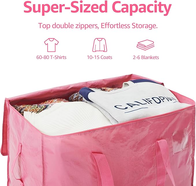 Moving Bags Heavy Duty Extra Large, Moving Boxes, Moving Supplies Essentials, Storage Bins with Lids, Plastic Packing Totes, Storage Bags for Clothes with Handles & Zippers(Pink, 12 Pack)