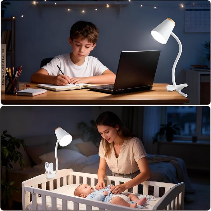 Clip on Desk Lamp for Home Office - Small LED Touch Dimmable Book Lights for Reading at Night - Adjustable Flexible Gooseneck Clamp Light Table Lamp for Bedside Bedroom Bed Headboard White