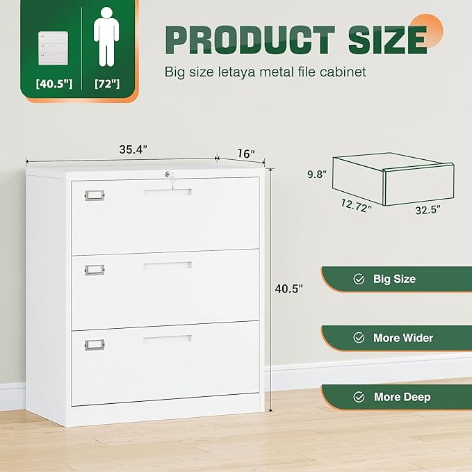 Letaya 3 Drawer File Cabinets with Lock,Metal Lateral Filing Cabinets for Home Office Organization Hanging Storage Letter/Legal/F4/A4(Assembly Required)