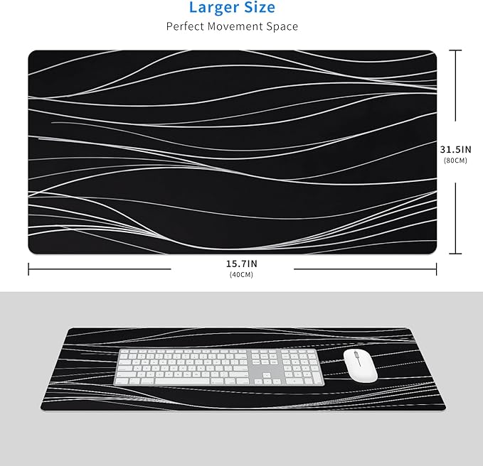 MAYCARI Abstract Lines Art Desk Mat Cool Desk Pad Mouse Pad Large White Wave Patterns Gaming Mousepad XXL Laptop Keyboard Desktop Writing Pad for Girls Students 31.5"X15.7"