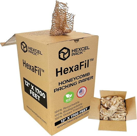 HexcelPack HexaFil Honeycomb Packing Paper - Eco-Friendly, Sustainable Filler for Shipping and Moving, Cushioned Packing Material in Dispenser Box, Alternative to Bubble Wrap - Natural, 12" x 1700'