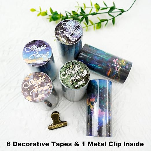 Night Forest Seamless Washi Tape Scrapbook Kit – 6 Rolls with Starry Sky, Fairy Woods & Twilight Designs for Journaling, DIY Crafts, Gift Wrapping, Card Making, Decoration, 3.15in Wide