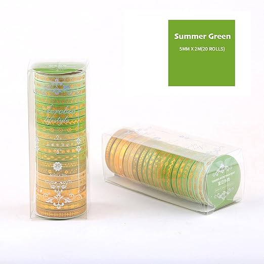 YUBX Skinny Gold Washi Tape Set Basic Foil Print Decorative Masking Tapes for Arts, DIY Crafts, Journals, Planners, Scrapbook, Wrapping (Green in Summer)