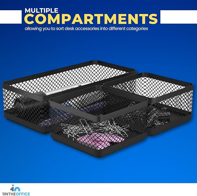 1InTheOffice Mesh Collection Desk Drawer Organizer Tray 3 Compartment - Stackable, Matte Black
