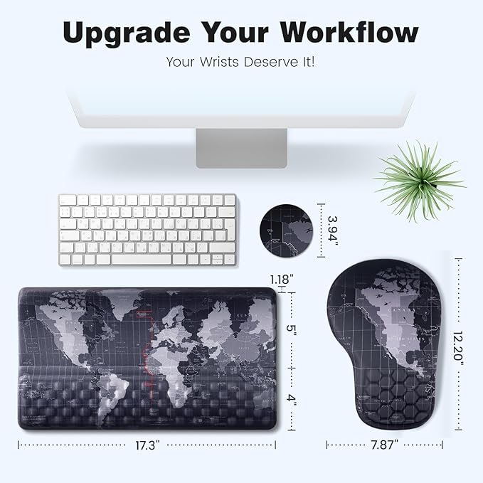 Ospelelf Ergonomic Mouse Pad and Keyboard Stand Wrist Rest Set, Memory Foam Comfort, Pain Relief for Typing, Office Desk Accessories, Map