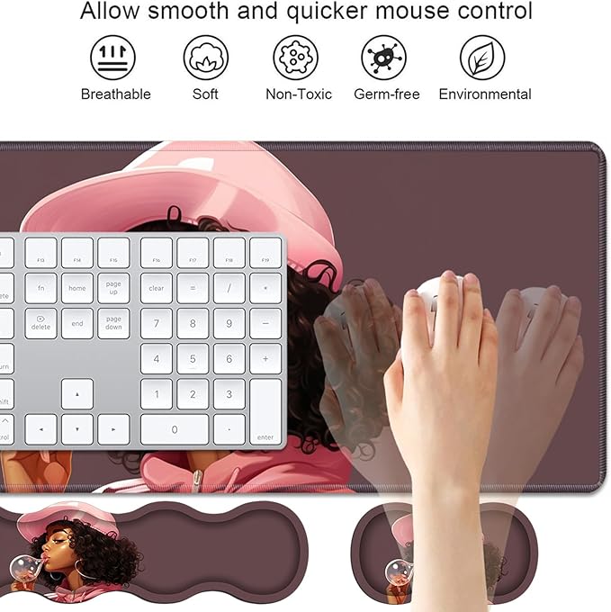 4 in 1 Ergonomic Keyboard Wrist Rest & Mouse Pad Wrist Rest Set, Large XXL Gaming Desk Mat 31.5"x 11.8" with Non-Slip Base, Memory Foam for Home Office Study Gaming, African American Black Girl