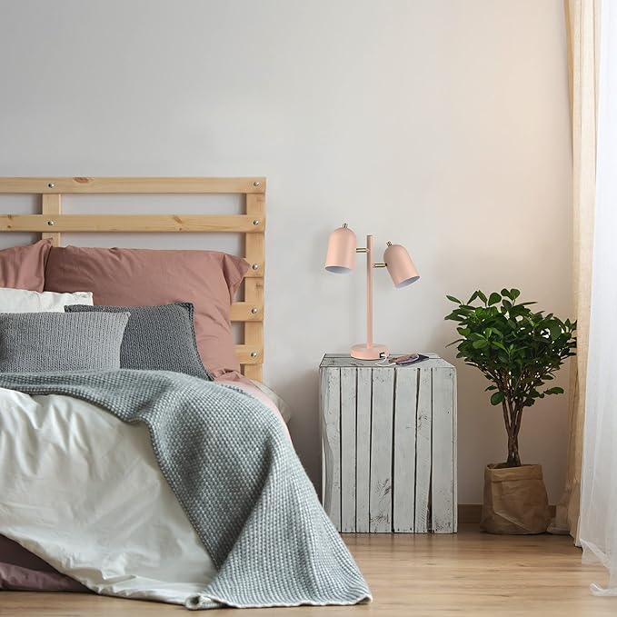 GLOBE Electric 30290 19" 2-Light Desk Lamp, Matte Pink, Brass Accents, 2.1A USB Port, On/Off Rotary Switch on Each Shade, Reading Light, Dorm Room Essentials, Lamps for Living-Room, Office Décor