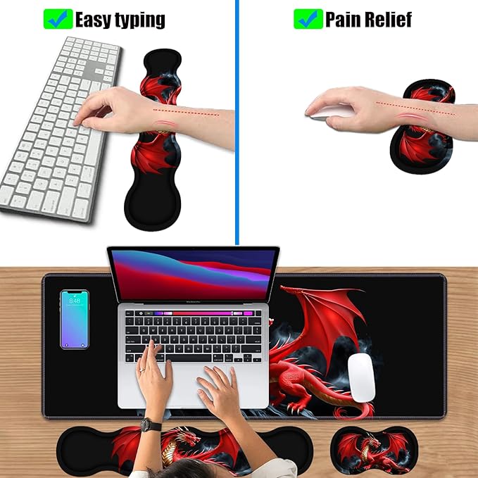 4 in 1 Ergonomic Keyboard Wrist Rest & Mouse Pad Wrist Rest Set, Large XXL Gaming Desk Mat 31.5"x 11.8" with Non-Slip Base, Memory Foam for Home Office Study Gaming, Red Dragon