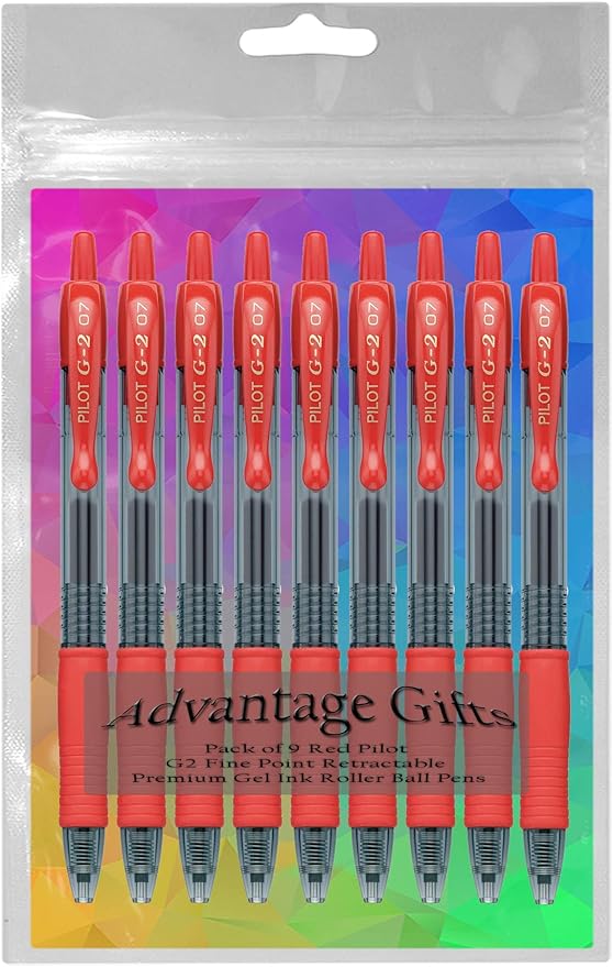 G2 Retractable Premium Gel Ink Roller Ball Pens Fine Point Fine Point (.7mm) Red Ink 9-pk; Refillable & Premium Comfort Grip Bundle with Plastic Reusable Pouch