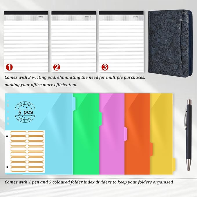 Leathario Portfolio Binder, Includes 5 Folder Index Dividers and 3 Notepads, 3-Ring Folder Organizer, Padfolio with Zipper, Vegan Leather Tablet Sleeve, Business Office Conference Clipboards