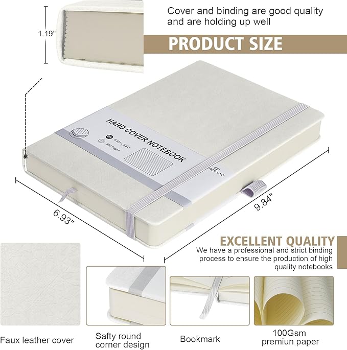 Lined Journal Notebook, 1 Pack (White), 360 Pages, 9.8 inches x 6.9 inches - 100 gsm Thick Paper, Hardcover