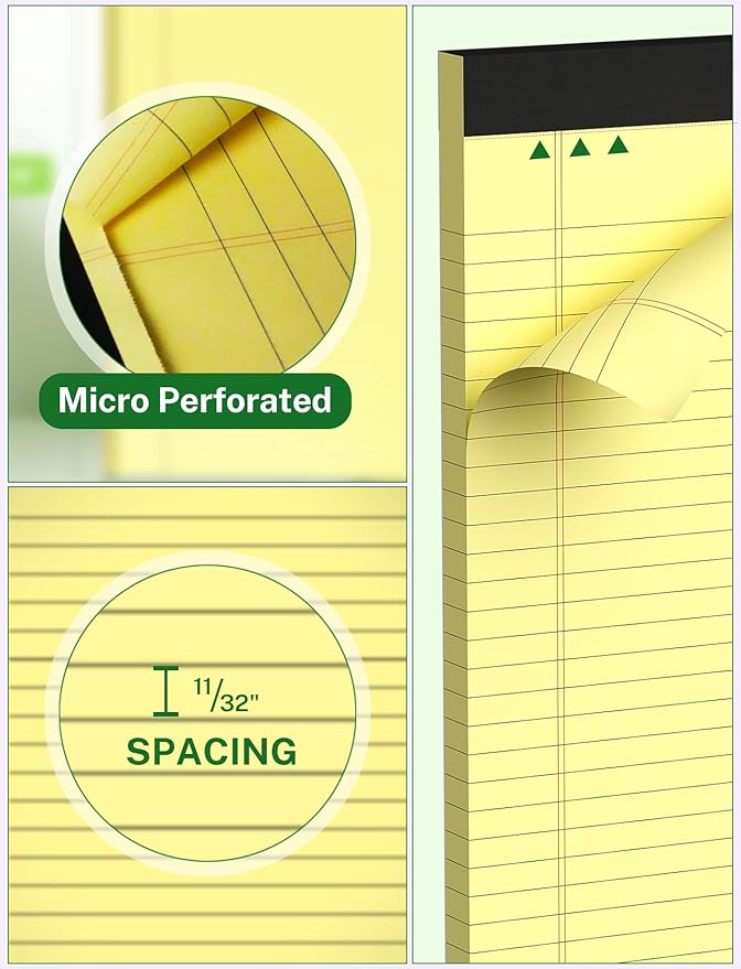 Legal Pads 8.5 x 14, Wide Ruled Legal Pads, 12 Pack Yellow Paper 8.5 x 14, 30 Sheets per Notepad, Large Writing Pad for Office Supplies, College, Micro Perforated Lined Writing Pads, 70 GSM