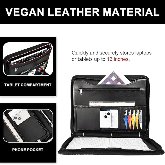 Leathario Portfolio Binder, Includes 10 Sheet Protectors and 3 Notepads, 3-Ring Folder Organizer, A4 Padfolio with Zipper, Vegan Leather Tablet Sleeve, Business Office Conference Clipboards