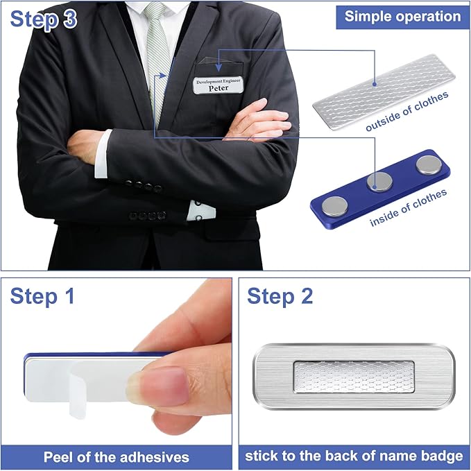 Mtlee 100 Packs Name Tag Magnets Magnetic Name Badge Holders ID Fastener Clip with 3 Neodymium and Adhesive Backing for Uniform Jackets(Navy Blue)