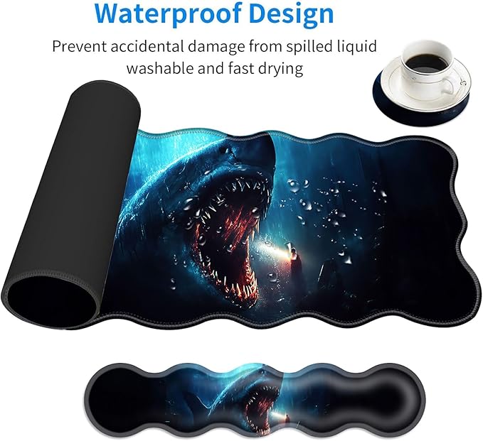 Large Mouse Pad and Keyboard Wrist Rest, Desk Pad for Keyboard and Mouse, 4-in-1 Large Gaming Mouse Pad with Wrist Support, Desk Mat for Home Office Study Game-Cute Shark