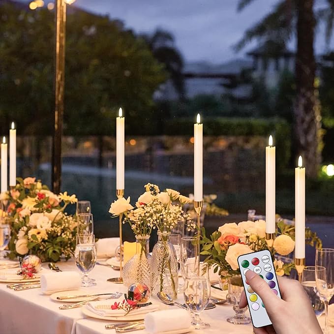 GenSwin Flameless Taper Candles with Remote, Real Wax and Color Changing Wick LED Taper Candles Battery Operated, 6 Pcs Flameless Candlesticks for Halloween Christmas Decor(Ivory, 0.78”x9.6”)