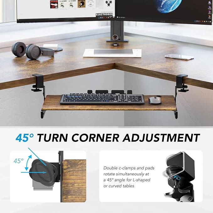 AX WABER Keyboard Tray Under Desk Pull Out with Extra Sturdy C Clamp Mount System, 27.3 (32.5 inch Including Clamps) x 11 Inch Slide-Out Platform Computer Drawer for Typing Vintage AX01WG02