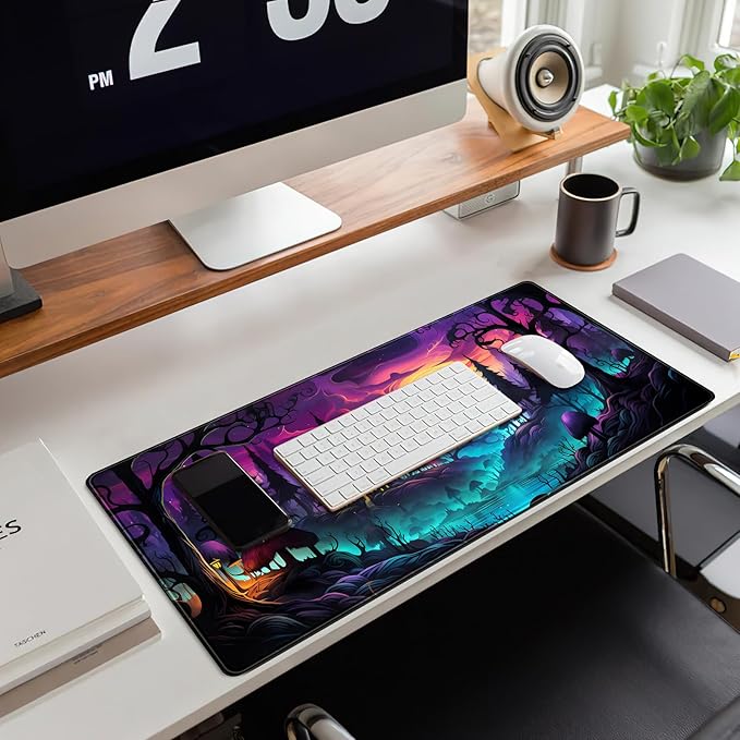 Mystic Forest Desk Mat Purple Cute Large Mouse Pad Extended Gaming Mousepad XL Big Aesthetic Desk Pad Cool Anime Keyboard Mat Laptop Desktop Mouse Mat 31.5''X11.8''