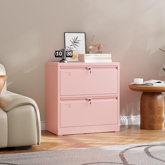 METAN Upgrade Metal 2 Drawer Lateral Files Cabinet for Home Office, Lockable Steel Wide File Storage Cabinet for Hanging Legal/Letter A4 Size, Assembly Required,Pink