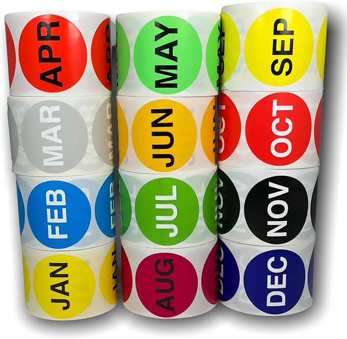 Months of The Year Labels - All 12 Months (1 Roll of Each Month) 2-inch Round Self-Adhesive Inventory Stickers, 12 Rolls with 500 Labels/Roll
