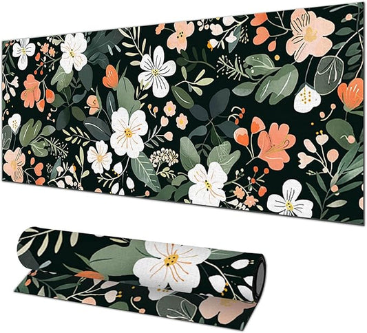 Large Floral Mouse Pad 31.5 x 11.8 in Extended Desk Mat Non Slip Waterproof Keyboard Mousepad with Botanical Blossom Design for Office Home Gaming