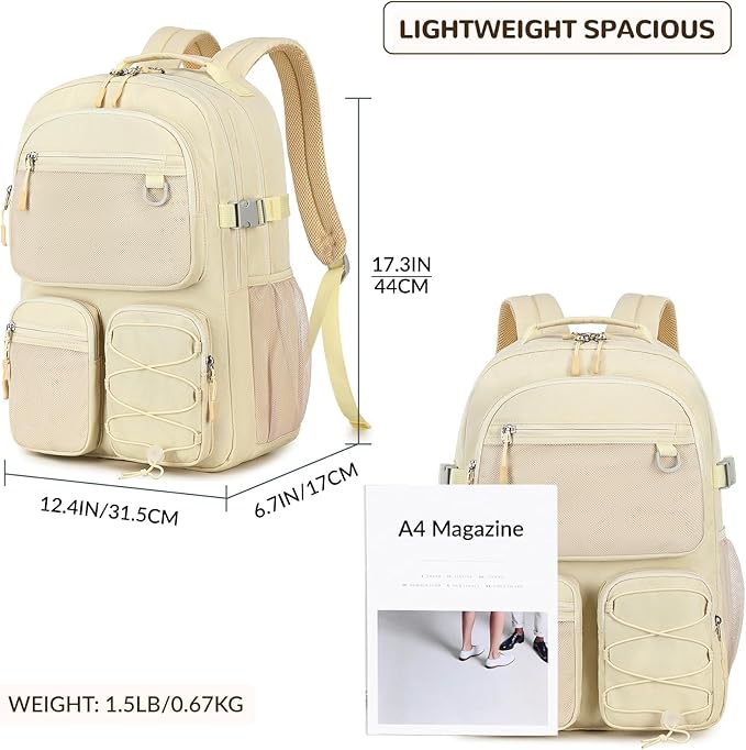 Lohol Water Resistant Backpack with Mulitiple Pockets for Travel Outdoor College, 15.6 inch Laptop Bookbag for Girl and Women (Beige
