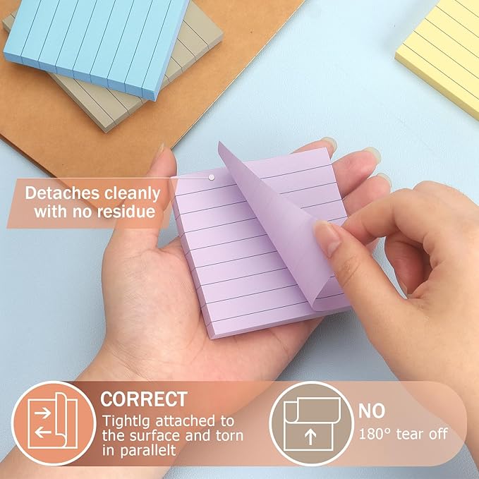 Lined Sticky Notes 3x3 Inch, 8 Pack, Light Colors, Premium Self-Adhesive Notepads, 640 Sheets, for Office, School & Home Use, Easy to Use, Reusable & Removable