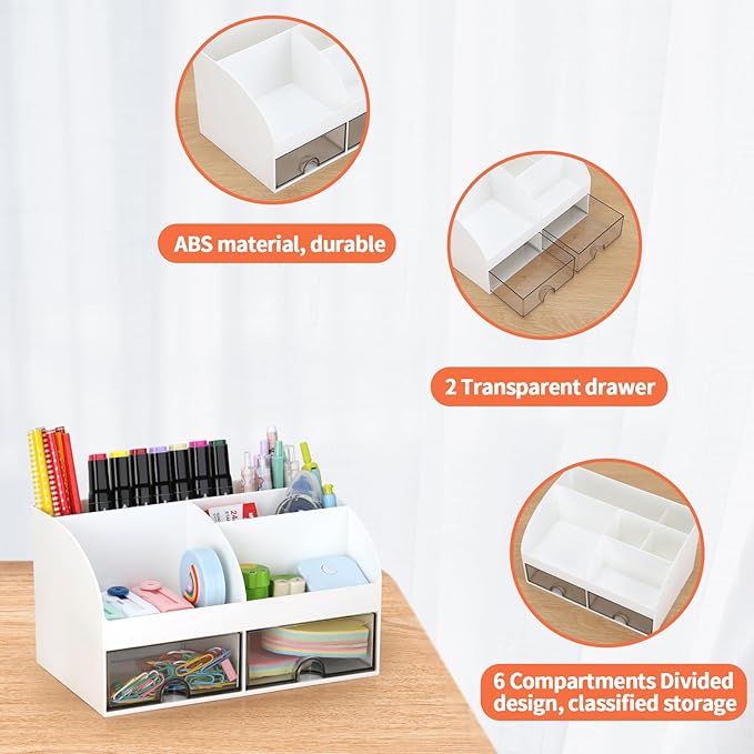 Office Desk Organizer with Drawers for Desktop/Tabletop/Counter, Desk Top Accessories Stationary Organizer Desk Caddy, Pen/Pencil/Business Card/Sticky Note Tray/Paperclip Holder Storage Box (White)