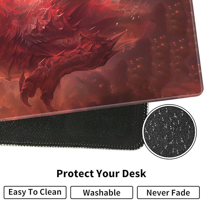Large XXL Gaming Desk Mat 31.5"x 11.8", Ergonomic Keyboard Wrist Rest & Mouse Pad Wrist Rest + Coaster Set, Non-Slip Base, Memory Foam, Office and Home, Red Dragon