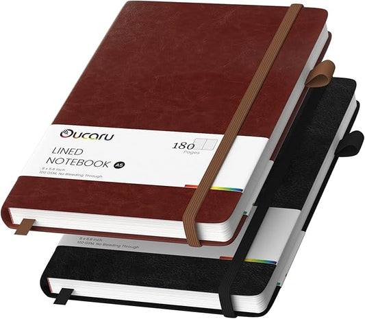 Oucaru Lined Journal Notebook, 2 Pack, 180 Pages, A5 Journals for Writing, 100 GSM Thick Paper, Small Notebooks Daily Journal for Women Men Work, Business, School, Travel Supplies