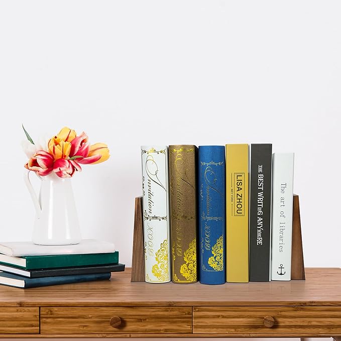 Luxdecor Walnut Book Ends Hold Heavy Books-7x6x5in Wood Bookends for Office Desk Non Skid, Decorative Walnut Bookend 2pack, Triangle Style
