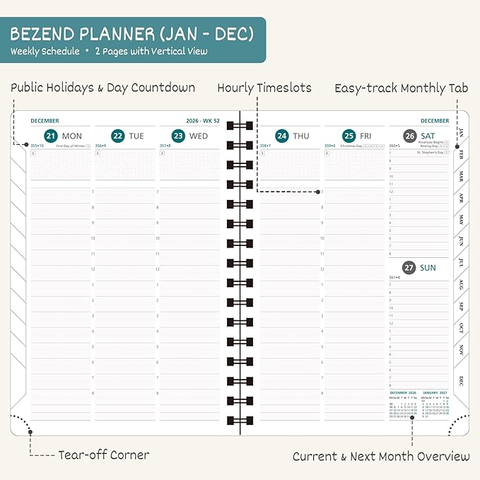 BEZEND 2026 Planner Weekly and Monthly (8.5" x 11" Spiral) Daily Calendar with Half-Hourly Timeslots & Tab (Jan-Dec) Note & Expenses, Pen Holder, Inner Pocket, Vegan Leather Softcover - Orange