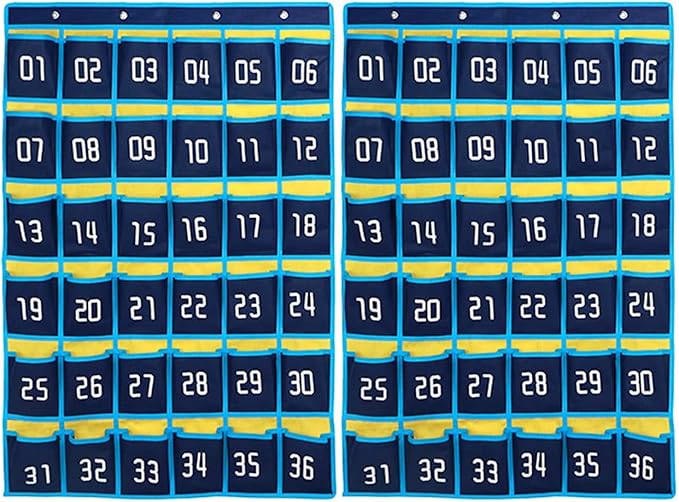 Loghot Numbered Classroom Sundries Closet Pocket Chart for Cell Phones Holder Wall Door Hanging Organizer (36 Pockets Blue 2Pc)