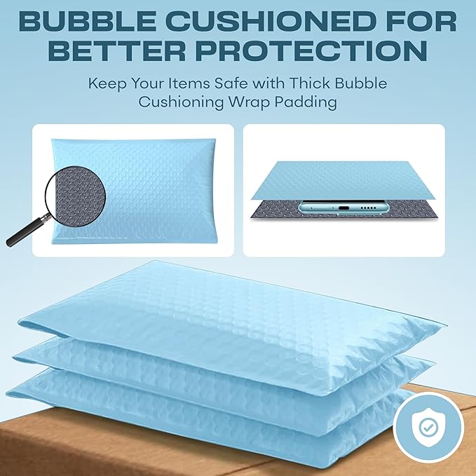 Light Blue Extra Large Poly Bubble Mailers 14.25x20 inch #7 | Self Seal Large Padded Envelopes | Air Cushioned Bubble Mailer | Usable Size 14.25x19 Lightweight Mailing Shipping Bags| 100 Pack Bulk