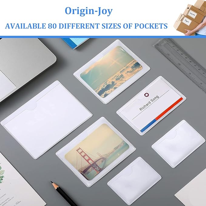 Origin-Joy 25 PCS Self-Adhesive Index Label Pockets, Clear Plastic Peel & Stick Card Holders with Top Open for Loading (5.5 x 2.25 inch)