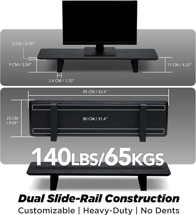 Moodular Wooden Monitor Stand 33.4” (85cm) Desk Organizer with Metal Slide Rails for Drawer, Tray, Laptop, Tablet, Phone & Headphones Customizable Riser for Organized Workspace Black MS85-B