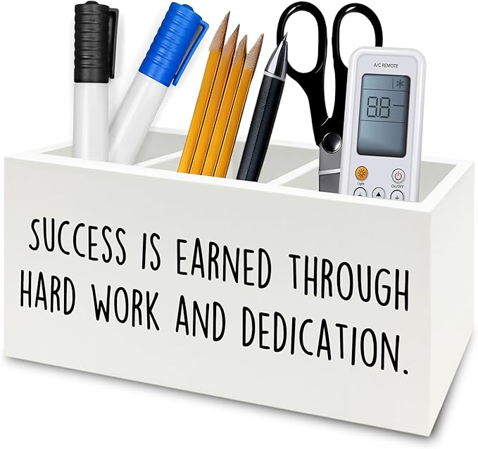 Motivational Gifts Pen Pencil Holder Organizer for Desk, Success Is Earned Through Hard Work and Dedication Inspirational Wooden Box Signs Decorations for Home Office Desk Tabletop