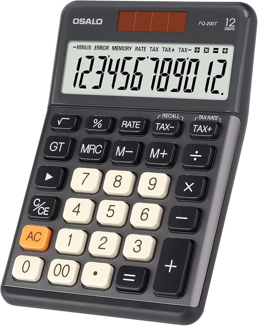 Pendancy Office Small Calculator Desktop with Tax+/- for Tax Calculation, 12 Digit Large LCD Display, Solar Battery Power, Durable Portable Design, Financial Accounting Business Home Use(OS-200T-Gray)